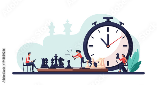 Tiny business people playing strategic game of chess in front of massive stopwatch representing time management and competition.