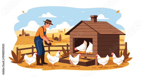 Farmer in overalls and hat feeding group of white chickens in front of wooden coop on sunny autumn farm field with distant hills.