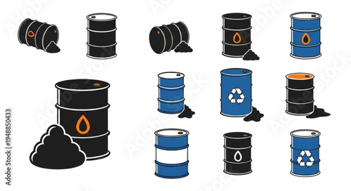 Collection of Oil Barrels with Spills and Recycling Symbols.