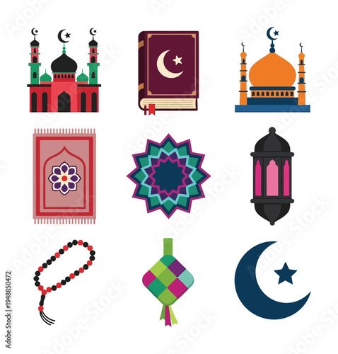 Colorful vector featuring islamic symbols such as mosques, prayer mats, and religious artifacts