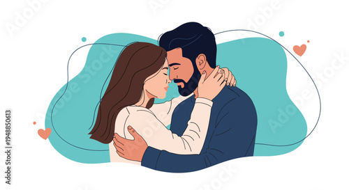 Romantic couple embracing closely with eyes closed against stylized blue background depicting love intimacy and emotional connection.