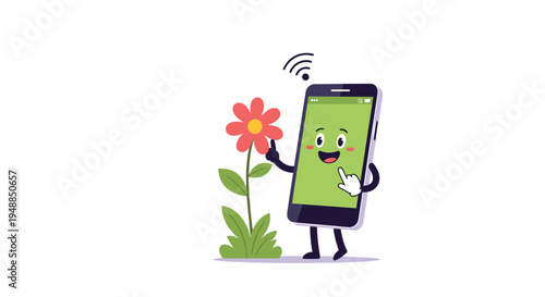 Funny cartoon smartphone character with face and limbs curiously looking at small red flower growing in grass on white background.