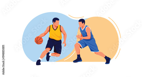 Two competitive basketball players in action during game with one dribbling and other defending on court with abstract blue background.