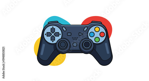 Modern video game controller gamepad with colorful buttons shown in clean vector line art style against bright abstract background shapes.