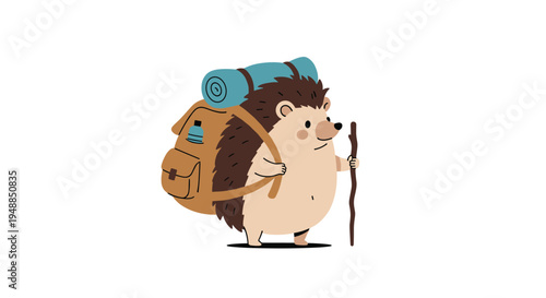 Adorable little hedgehog character prepared for hiking trip with large brown backpack sleeping mat and wooden walking stick.
