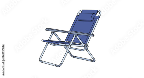 Blue folding beach lounge chair with comfortable headrest pillow isolated on white background for summer vacation and relaxation themes.
