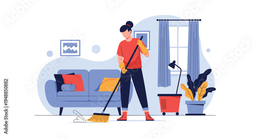 Hardworking woman in red shirt sweeping floor with broom in modern living room setting illustrating household chores and cleaning.