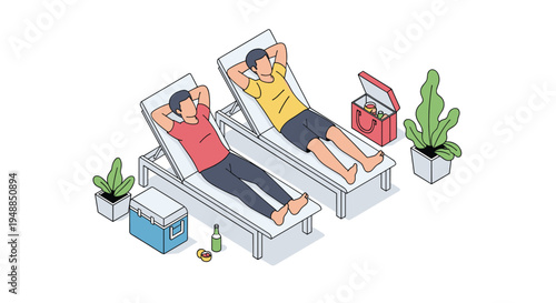 Two men relaxing on white sun loungers with drinks and coolers in outdoor summer setting depicted in isometric vector illustration style.