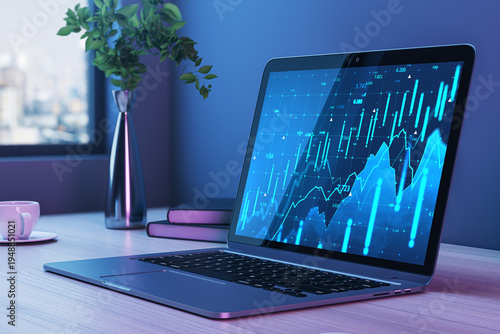 Laptop showing glowing financial market chart on screen placed on desk in soft light workspace representing data analysis and investment concept. 3D Rendering