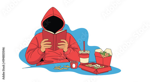 Anonymous person in red hooded sweatshirt reading book at table covered with various fast food items like fries burgers and soda.