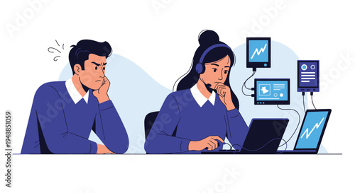 Two office workers sitting at desks with computers where woman is busy while man looks bored or frustrated with his work task.