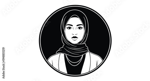 Minimalist black and white portrait of beautiful woman wearing traditional hijab and necklace enclosed in circular frame for profile icon.