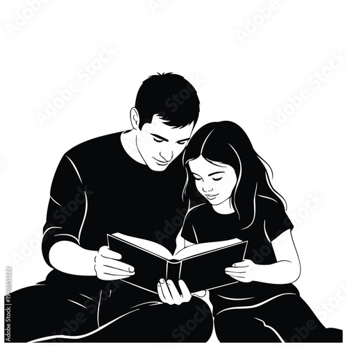 Father and daughter reading book silhouette together, family bonding