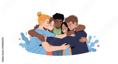 Group of diverse young friends sharing a warm group hug together in a celebration of friendship and unity on a white background.
