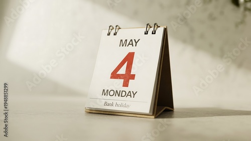 Close-up of a flip calendar showing May 4th Monday bank holiday with textured background