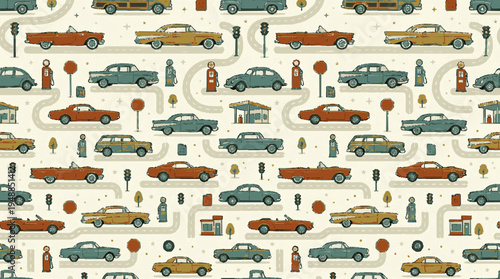 Vintage cars in retro colors seamless pattern with urban elements on beige background