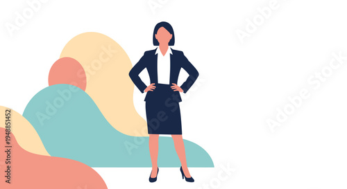 Confident businesswoman standing with her hands on her hips in a professional suit against an abstract colorful background shape.