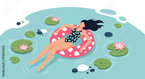 Woman in a leopard print swimsuit floating peacefully on a pink polka dot inner tube in a turquoise pond filled with water lilies.