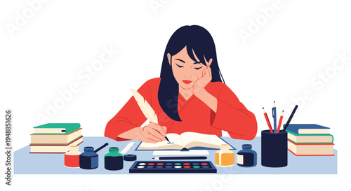 Young woman focused on writing or drawing in a notebook at a desk filled with books ink bottles and painting supplies at home.