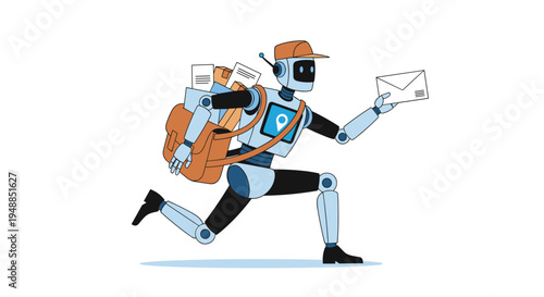 Futuristic blue delivery robot running quickly to deliver a letter and packages while carrying a backpack on a white background.