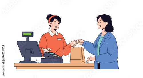 Female cashier at a retail store checkout counter handing a shopping bag to a happy customer after a successful transaction.