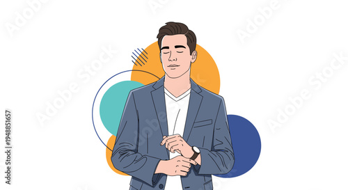 Handsome man in a blue blazer and white shirt checking the time on his wristwatch against an abstract circular background.