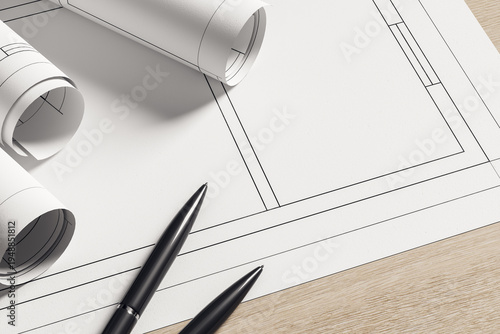 Architectural blueprints on modern desk. Contemporary workspace scene with rolled plans and pens highlighting precise layout design 3D Rendering