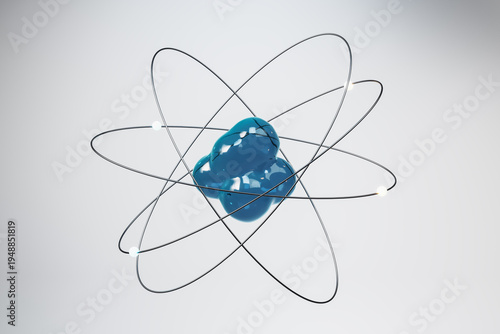 Abstract atom science symbol with glossy nucleus and orbiting electron paths on clean light background as modern scientific icon design. 3D Rendering