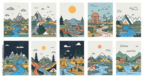 Grid of ten different minimalist landscape illustrations featuring mountains rivers trees and houses in various color palettes.
