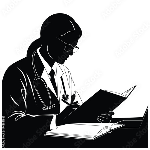 Female doctor with glasses reading book and writing notes silhouette