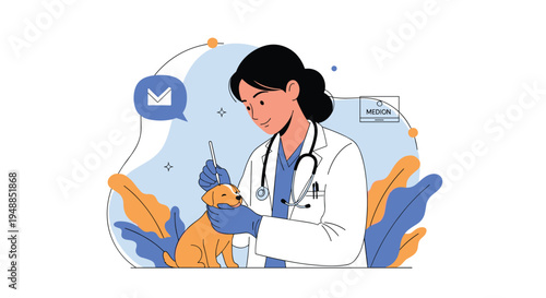 Professional female veterinarian in a white coat and gloves giving an injection to a cute puppy in a clean modern clinic.