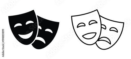 Theatrical masks vector icon set, theater, theatre mask signs, masquerade mask, comedy and tragedy mask symbols, performance, drama, stage, acting, play, and artistic vector illustration collection 