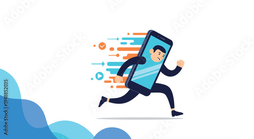 Cartoon smartphone with human legs and arms running fast representing high speed mobile internet and fast technology.