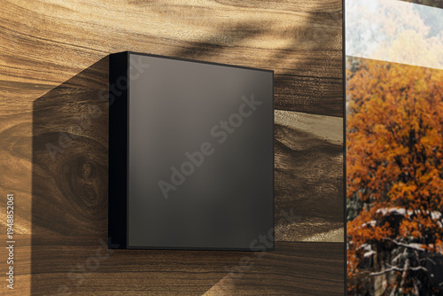 Blank square signage mockup mounted on wooden wall surface with clean modern design space for branding display template. 3D Rendering