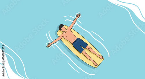 High angle view of a young man floating peacefully on a yellow surfboard in clear blue ocean water during a summer day.