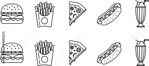 Fast Food Icon Set with Burger, Fries, Pizza, Hot Dog, and Milkshake in Simple Line Art Style