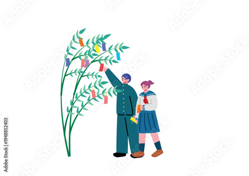 七夕に短冊に願い事を書く学生の男女のイラスト