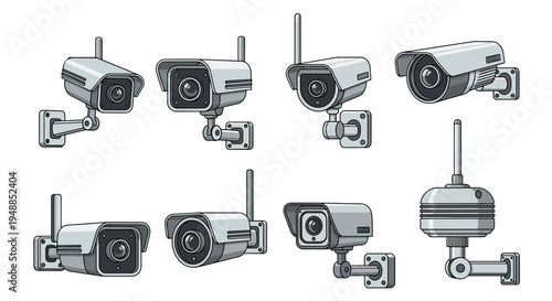 Collection of eight different types of modern security and surveillance cameras for indoor and outdoor monitoring and safety.