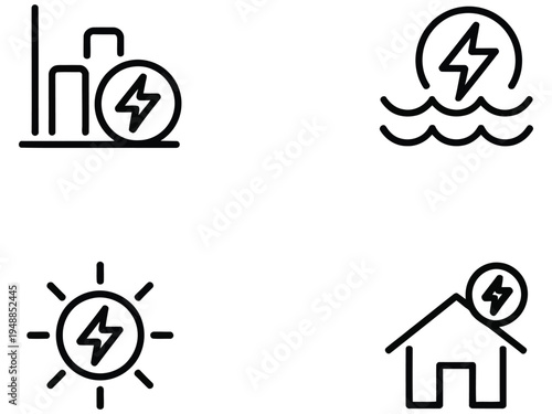 Electric power infrastructure and renewable energy line icons with factory water power home and lightning symbols