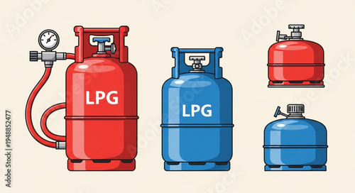 LPG Gas Cylinders - Red and Blue Tanks for Fuel Storage.