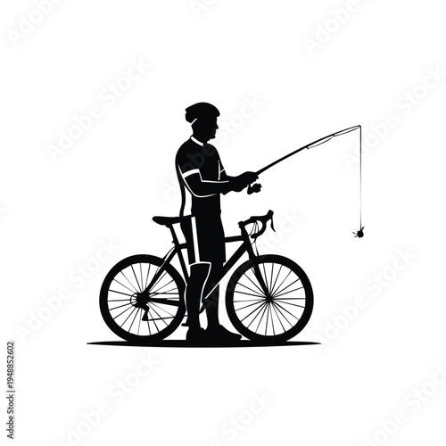 Fisherman silhouette with bicycle and fishing rod holding spider bait