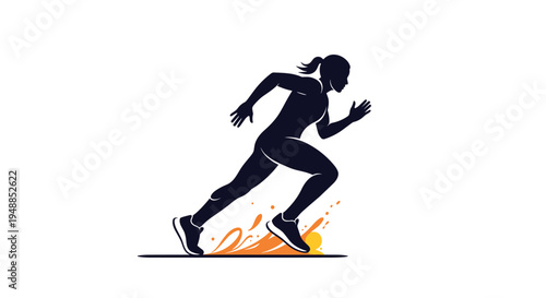 Silhouette of a female athlete sprinting with energy and speed against a plain white background, symbolizing fitness.