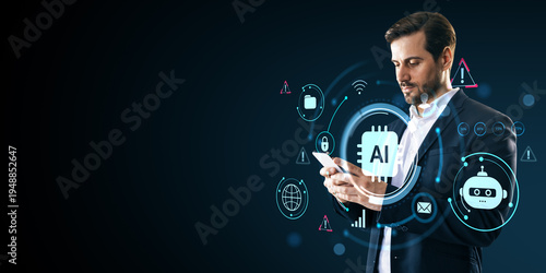 Business person using mobile device with artificial intelligence icons and digital technology elements on dark background in futuristic concept..