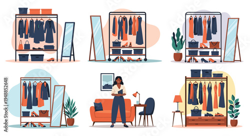 Collection of various wardrobe organization scenes showing racks of clothing, shoes, mirrors, and a woman standing in a room.