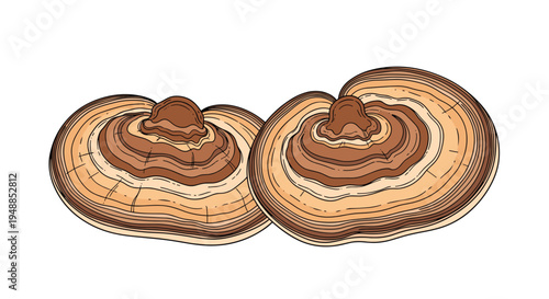 Detailed botanical illustration of two reishi mushrooms also known as lingzhi showing their unique brown and orange rings.