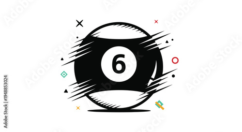 Stylized illustration of a black billiard pool ball with the number six showing speed and motion with graphic lines.