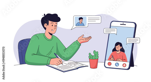 Young man taking notes while participating in a video call on his smartphone with a woman showing on the screen.