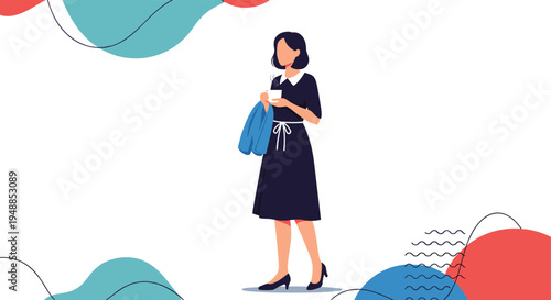 Elegant woman in a navy dress walking gracefully while holding a steaming cup of coffee against an abstract background.