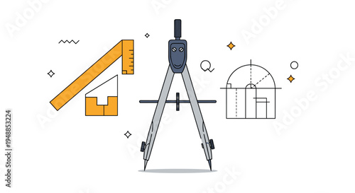 Set of professional drafting tools including a compass and ruler shown with an architectural technical drawing sketch.