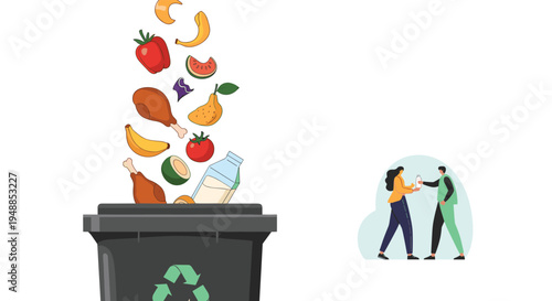 Illustration of food items like chicken legs, fruit, and vegetables falling into a grey recycling bin with green symbol.